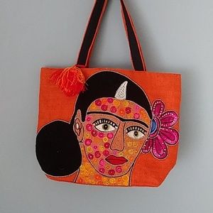 Frida Kahlo Tote Bag Orange Burlap Rhinestones & Silver Studs Top Zipper